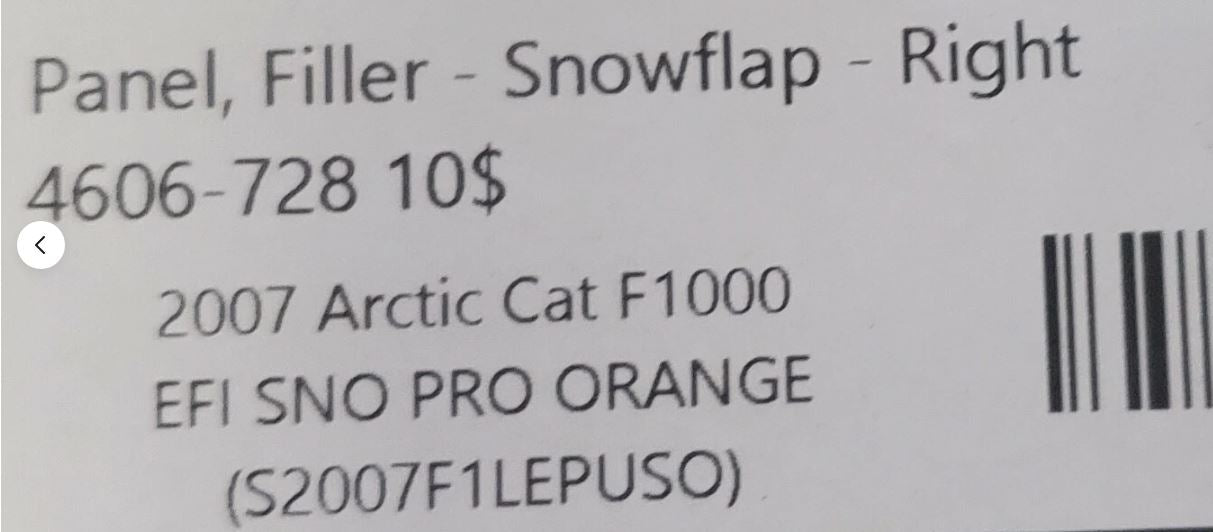 ARCTIC CAT F1000 2007 EFI SNO PRO ORANGE PANEL FILLER SNOWFLAP RIGHT 4606-728